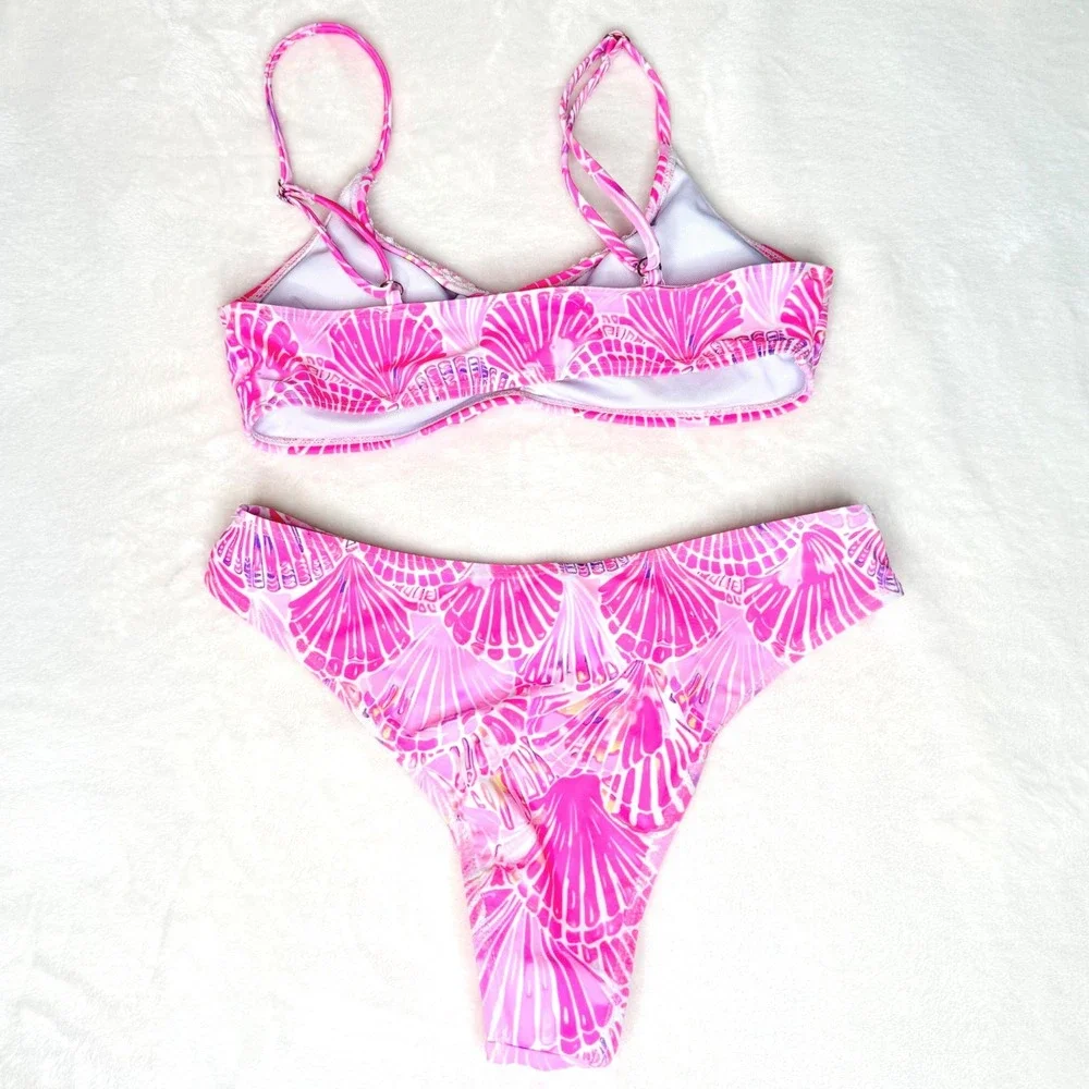 Pink‎ Shell Print Bikini Set XS Cutout Bandeau 2 Piece Swimwear Beach
